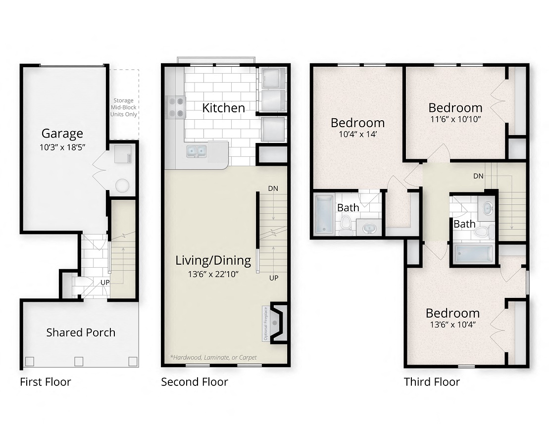 Floor plan for 3 beds, 2 baths, 1280 sqft